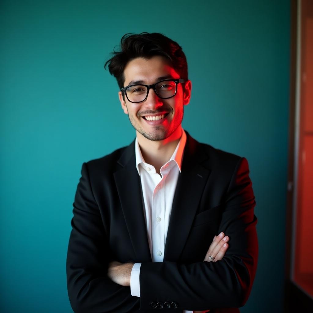 Young man stands confidently with arms crossed. He has dark hair and a bright smile. Dressed in a black blazer over a white shirt. Glasses enhance his professional look. Background is aqua with subtle red lighting. Ideal for a LinkedIn profile.