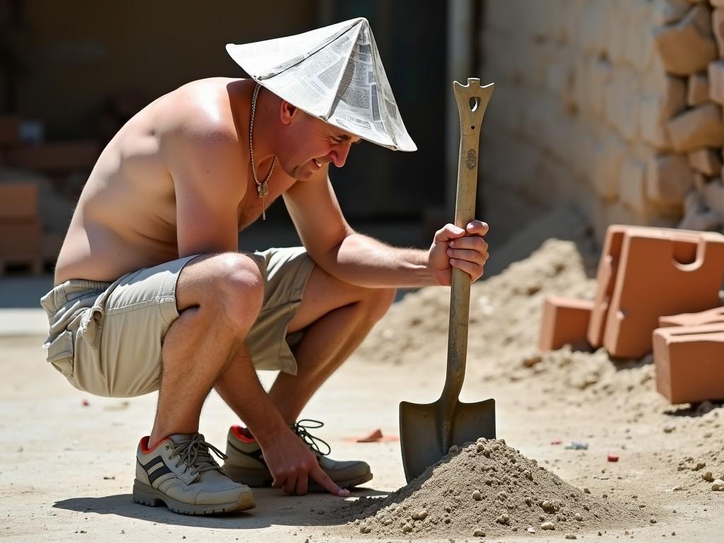 A shirtless man wearing a cowboy hat poses with a spade beside a heap of gravel against a textured wall. He exudes confidence and strength, with the sunlight highlighting the textures of both the gravel and the walls. The image portrays a rustic and hardworking theme, enhanced by the earthy tones of the scene.