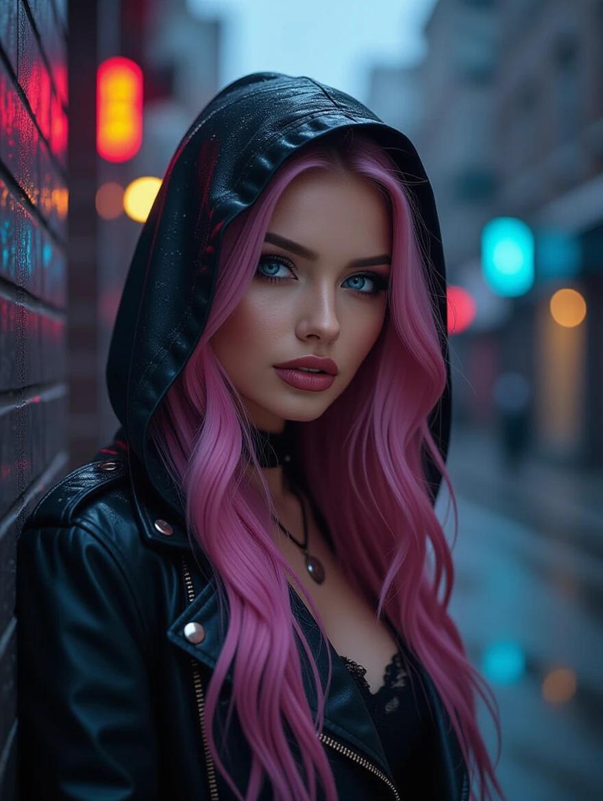 Photo of a gothic-themed woman in an urban alley at night. She has long pink and blue ombre hair. Scene is rainy and foggy. The atmosphere is dark and moody with neon lights. The woman wears a dramatic gothic outfit.
