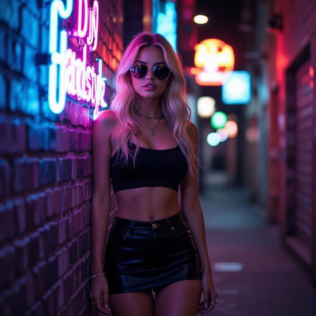 Raw photo at night in a dark neon alley. A blonde woman in a black crop top and miniskirt leans against a wall. She wears sunglasses. The setting includes colorful neon lights and signs. Suitable for an album cover with DJ Hardstylez text.