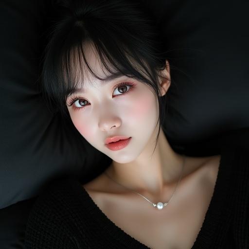 Close-up portrait of a young woman lying on black pillow. Smooth skin with soft matte finish. Symmetrical face with full gradient lips. Straight jet-black hair in messy bun with wispy bangs. Large upturned eyes with pink and brown eyeshadow. Long natural lashes and subtle eyeliner. Small silver necklace with pearl pendant on collarbone. Textured black knit sweater with wide V-neck. Soft goth and modern East Asian beauty style. Diffused soft lighting creates cozy atmosphere.