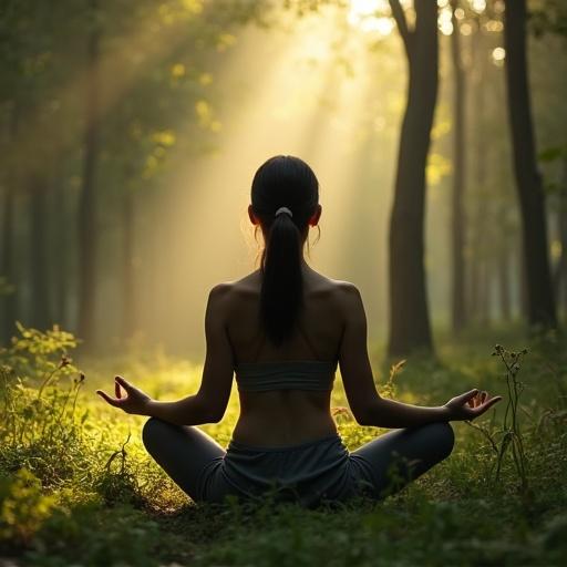 A woman meditating in a forest. The scene embodies tranquility and peace. Soft sunlight filters through the trees creating a serene atmosphere.