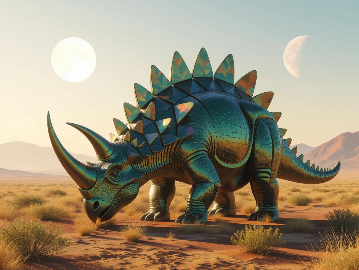 A massive herbivorous creature named Ridgeback Goliath grazes in an alien savanna. The creature has features of an elephant and a triceratops with plate-like ridges. The setting is under twin suns, showcasing a vast landscape. The style includes realistic creature design with believable anatomy and natural light in high detail.