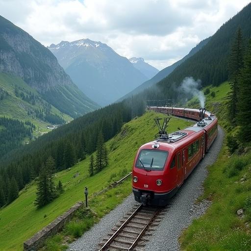 Scenic view of the Flåm Railway in Norway. Red train travels through green valley surrounded by mountains. Lush landscape with clear blue skies.