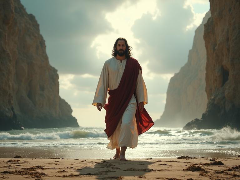 Jesus Christ walking through parted Red Sea. Towering walls of water on both sides. Dry cracked seabed under His feet. Wears a flowing white robe with a red sash. Calm determined expression. Sky filled with stormy clouds and divine rays of light. Cinematic and photorealistic atmosphere. Strong visual contrast and wide angle shot.