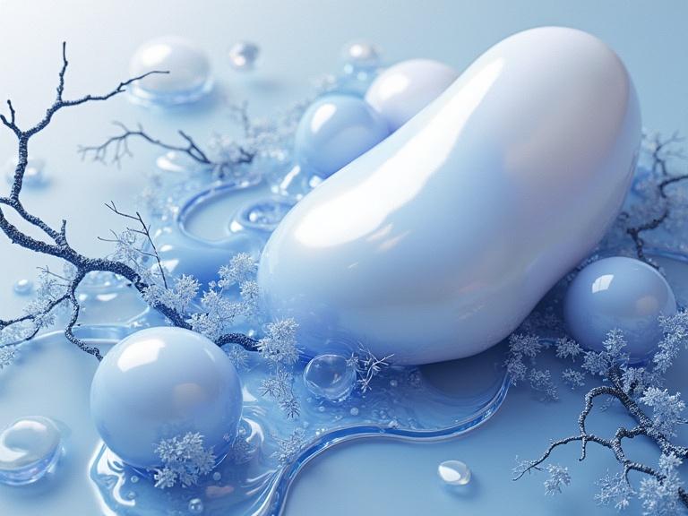 A textured, crystalline aesthetic with organic shapes and viscous liquids. A large bulbous form in blue and white reflects light. Smaller globules trail behind. Other translucent shapes exhibit swirling shades of blue and white. Delicate crystalline structures intertwine, resembling vines. Fine details create a delicate atmosphere.