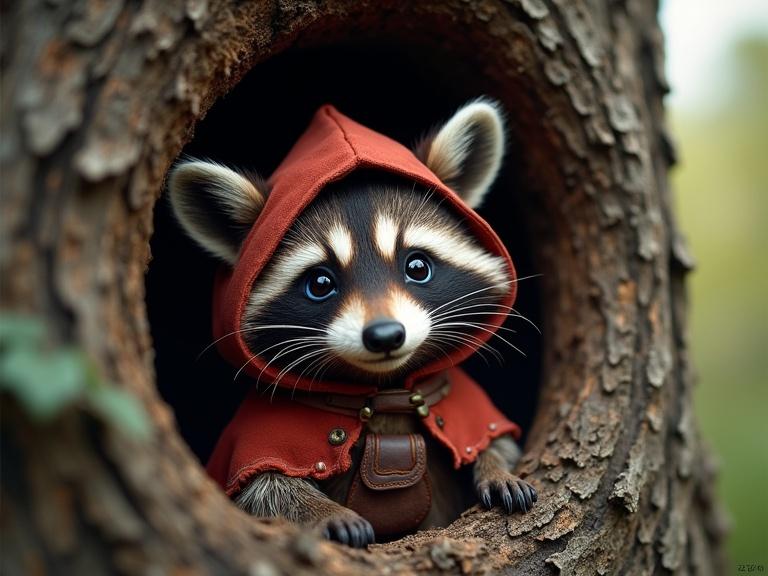 A raccoon peeks out from a hole in an old oak tree. The raccoon wears a worn red cloaked hood. It has fine fur and blue button eyes. The scene is detailed and realistic.