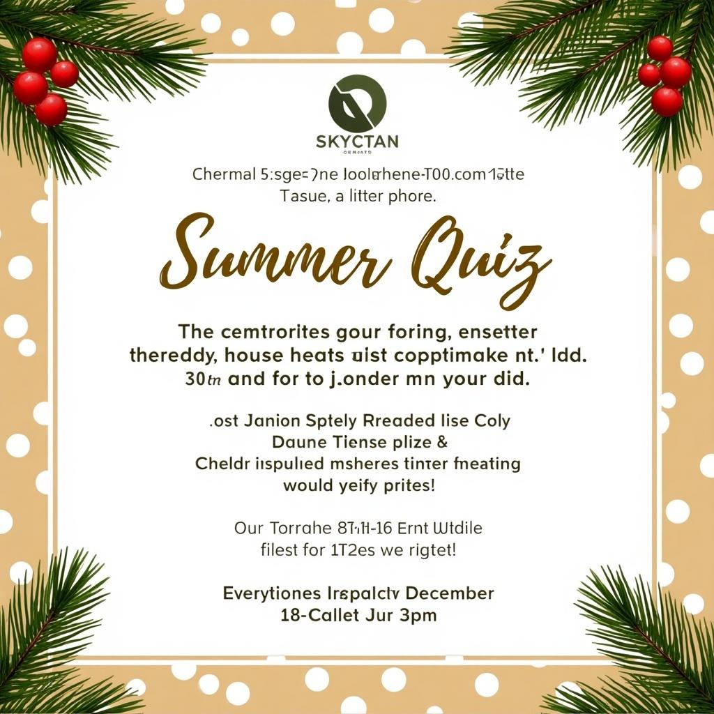 An invitation to a summer-themed quiz held in a festive Christmas style. Includes details about mystery prizes, snacks, and complimentary drinks. Event takes place at The Terrace, SkyCity Grand Hotel on December 18 starting at 3 PM.