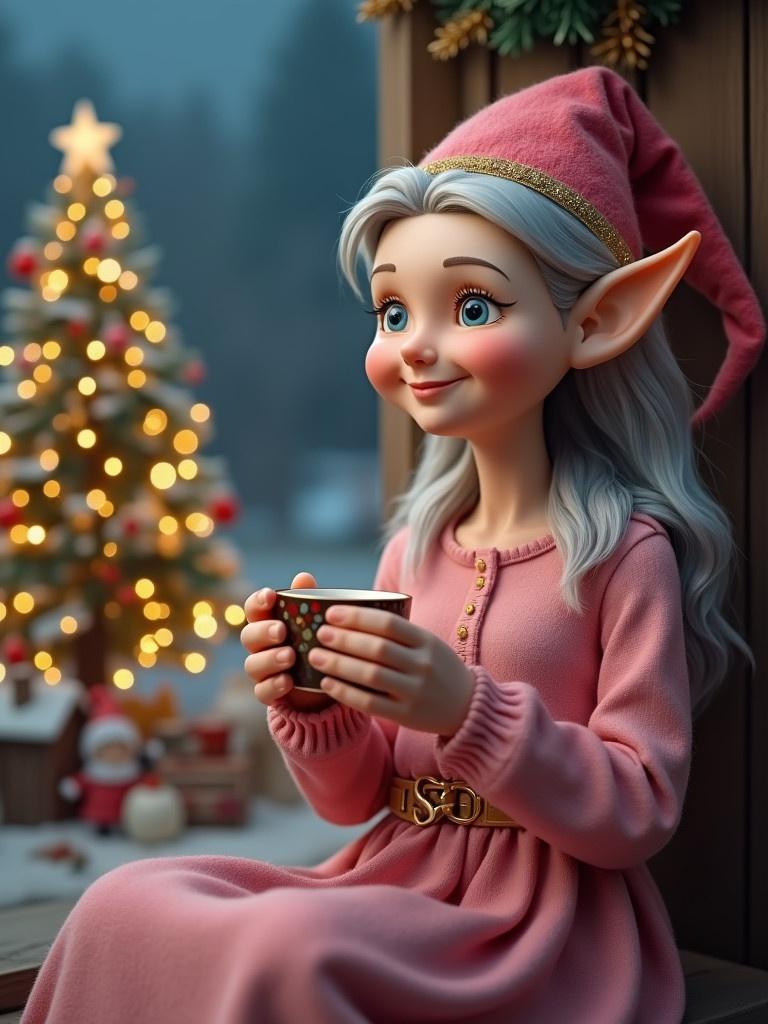 Grandma elf with grey hair in pink dress sits in front of Christmas scene. She holds a cup of tea. Background features a decorated Christmas tree.