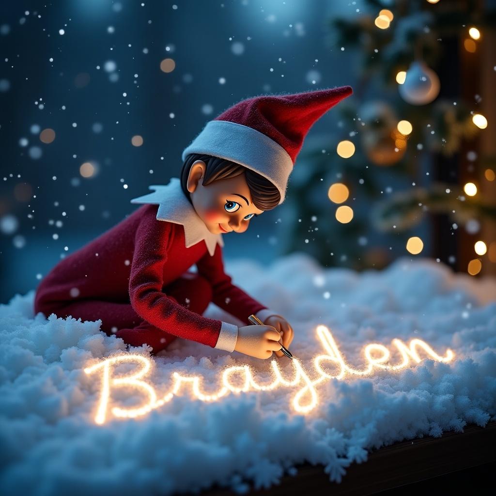 Elf on the shelf is writing the name Brayden in the snow. The name appears artistically in cursive due to light magic.