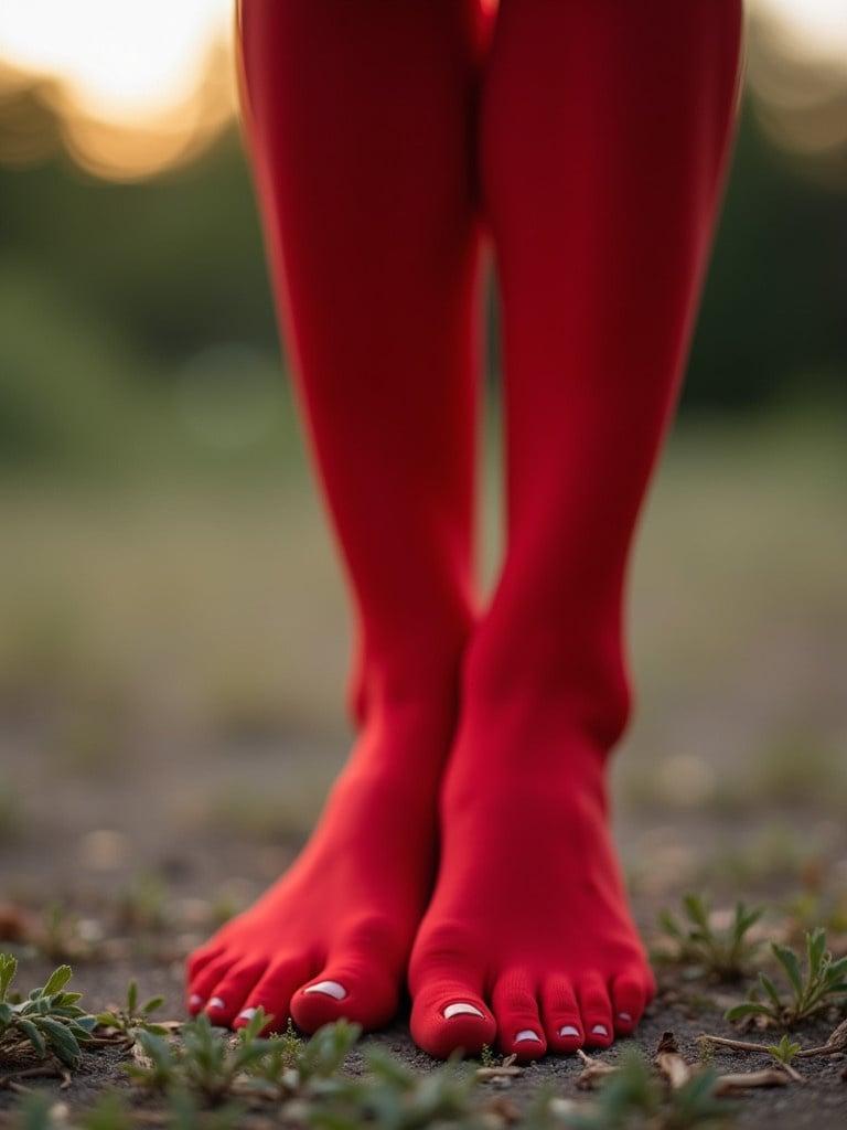 Close up of a pair of bare feet covered in red stockings. The setting is outdoor with natural lighting. Focusing on the feet with a blurred background.