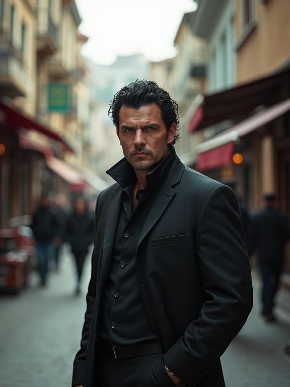 Low angle shot of a tan-skinned man in a black suit on a busy Turkish street, looking aggressively at the side. The scene shows vibrant street interactions on both sides with a focus on the man.
