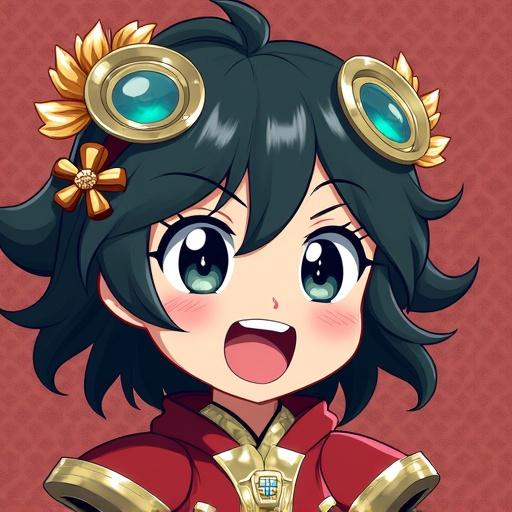 Anime character inspired by Japanese animation style. Character features green hair, glasses, wearing a red outfit with golden accents. Cheerful expression.