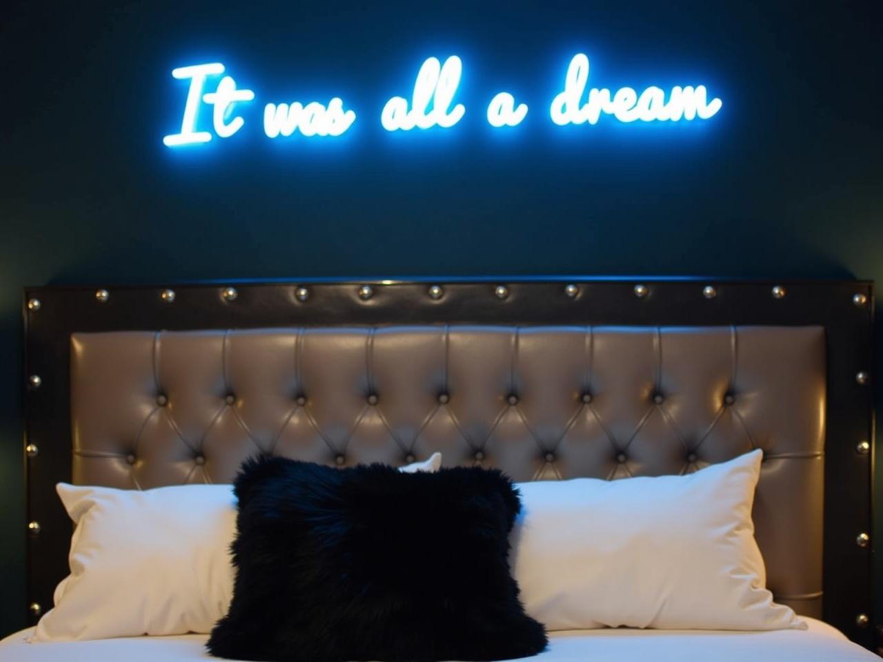 The image shows a cozy bedroom with a stylish headboard that's tufted and upholstered in a shiny fabric. Above the bed, there is a neon light sign that reads "IT WAS ALL A DREAM" in a modern cursive font, glowing in a bright blue hue. The wall behind the bed is painted a dark color, which contrasts beautifully with the neon light. The bedding is arranged with some soft white pillows and a plush black throw pillow for added comfort. Overall, the room has a chic and relaxing atmosphere, perfect for unwinding.