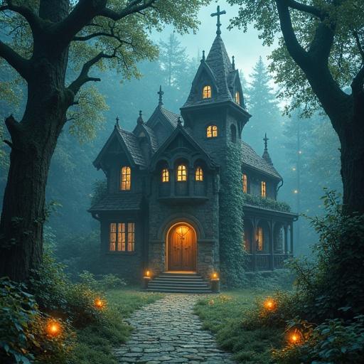 Old library in a magical forest shaped like an ancient castle with luminous plants and a mysterious atmosphere featuring magic particles in the air in a fantasy art style. Mosaic design present.