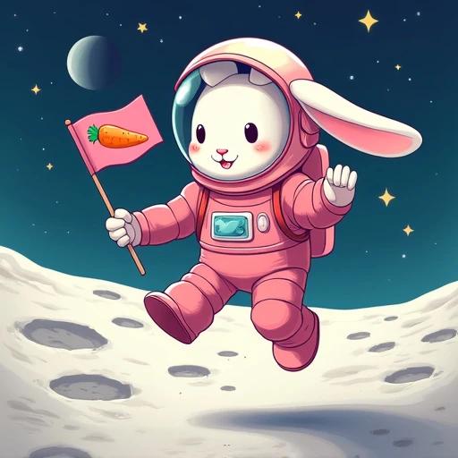 A rabbit astronaut leaps joyfully across the moon surface. She wears a pink spacesuit and holds a flag displaying a carrot. The moon is dotted with craters resembling cotton candy. Stars twinkle in the background and heart-shaped windows of a nearby spaceship can be seen. The scene brims with vibrant colors and playful lines, evoking a fantasy world for children.