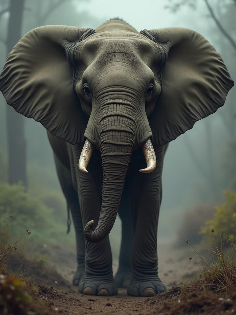 A massive elephant stands in a dense foggy forest. The elephant exudes an eerie aura, with details suitable for a horror theme. The background is muted, focusing on the textured skin and tusks of the elephant.