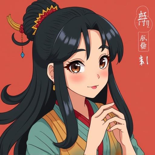 Anime style illustration of a young woman with long black hair and Asian features. She has a soft expression and is wearing a traditional outfit with a decorative hairpiece. The background is a solid warm color.