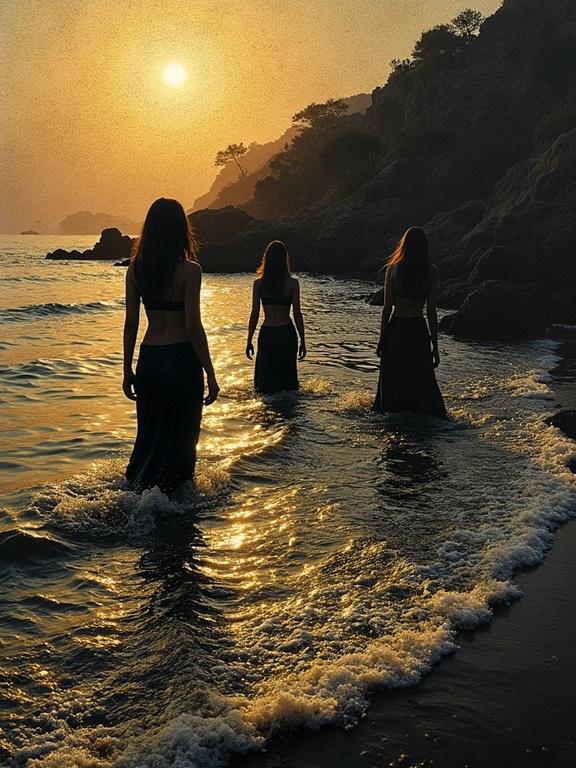 Figures in water with golden hues during sunset. A tranquil scene with women walking in the sea. Evokes watercolour style and uses a dark canvas as background.
