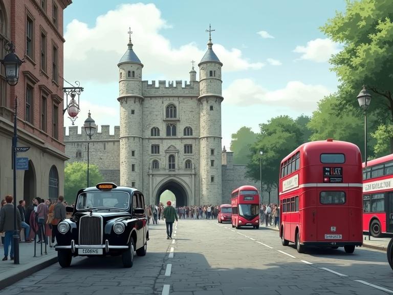 High-resolution image of the Tower of London from street level featuring cobblestone streets classic black cabs red double-decker buses on an overcast day with soft lighting tourists walking historic architecture medieval stone and modern urban elements blending