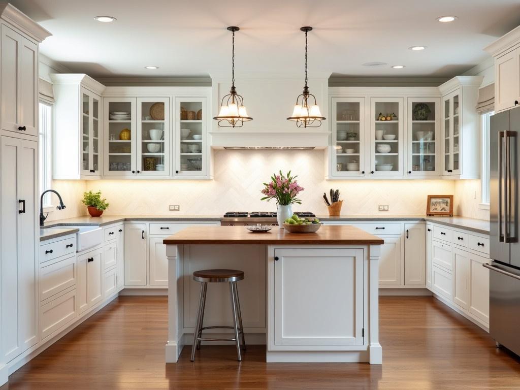 This image showcases a bright and beautifully designed modern kitchen. The kitchen has a spacious layout with white cabinetry and a rich wooden countertop on the central island. There are stylish pendant lights hanging above the island, creating a warm ambiance. Glass front cabinets display elegant dishware that adds a decorative touch. The floors are made of polished wood, enhancing the cozy atmosphere of the kitchen. Overall, the design combines traditional elements with contemporary flair, making it both functional and inviting.