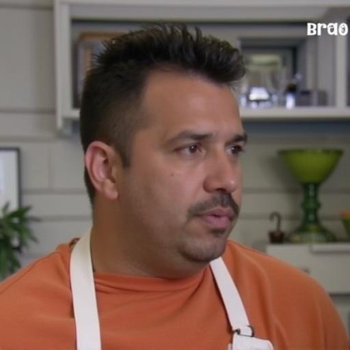 Man with short hair in the kitchen wearing an apron. Looks serious while speaking. Bright kitchen background with utensils and green plants. Appears to be a contestant or judge on a cooking show.