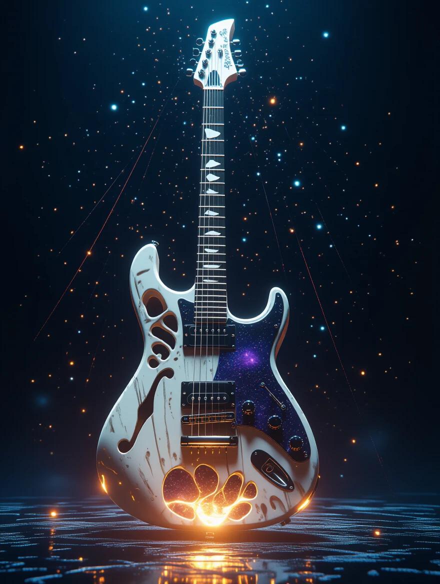 3D concept art of a skeletal electric guitar with strings made of cosmic stardust. Glowing nebula threads replace guitar frets. Surreal design with cinematic lighting creating dramatic shadows. Reflective textures create a bone-like look. The guitar floats in a black void filled with glowing accents. High contrast and hyperrealistic detail add to the sci-fi mood.