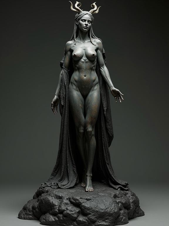A sculpture of a goddess posing nude on a black lava base. The figure has a mysterious atmosphere and gritty texture in a fantasy art style.