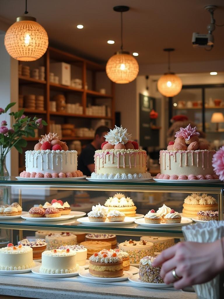 Cake shop display with various beautifully decorated cakes. Warm light creates an inviting atmosphere. Focus on aesthetic arrangement. Customers may be enjoying the treat.