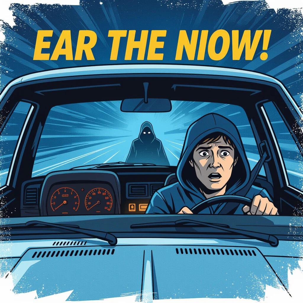 Car interior viewed from the driver's perspective. Window opened. Driving towards dark uncertain space. Faint reflection of a hooded figure vanishing. Dashboard lights glowing. Driver shows fear and astonishment. Realistic style with cool blue tones.