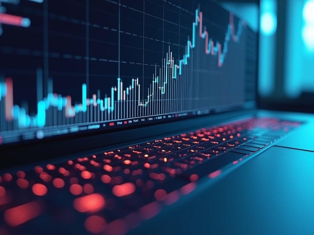 A close-up of a financial chart with fluctuating lines and candlestick patterns.