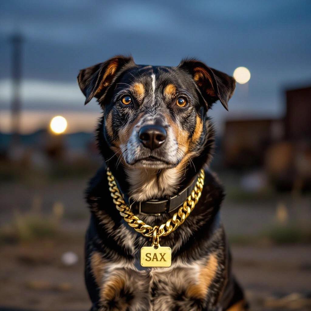 raw photo of an old junkyard dog at night wearing a gold chain with a name tag that says SAX