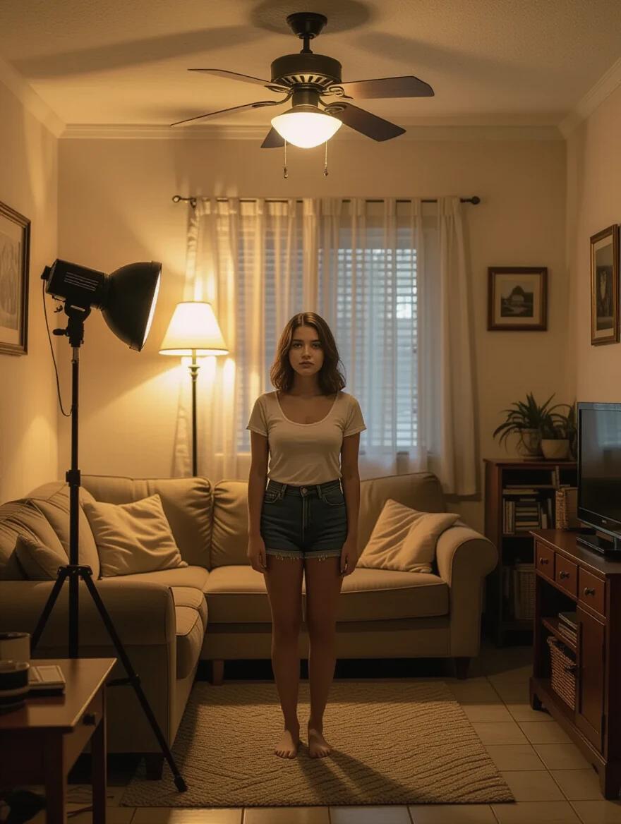 Photography resembling a compact digital camera style with grainy texture and faded colors. Image of a cozy Brazilian living room. A young woman stands naturally in a bikini, smiling, in a simple, warm setting.