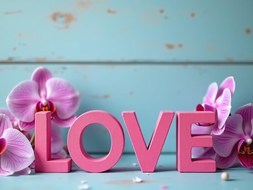 The image features the word 'LOVE' crafted from pink material, placed prominently in the foreground. Surrounding the letters are beautiful orchid flowers that add a touch of elegance and nature. The background consists of a vintage-style wooden surface painted in soft blue tones, enhancing the overall romantic vibe of the scene. The orchids seem to blend harmoniously with the letters, creating a warm and inviting atmosphere. Soft lighting illuminates the display, giving it a dreamy feel.