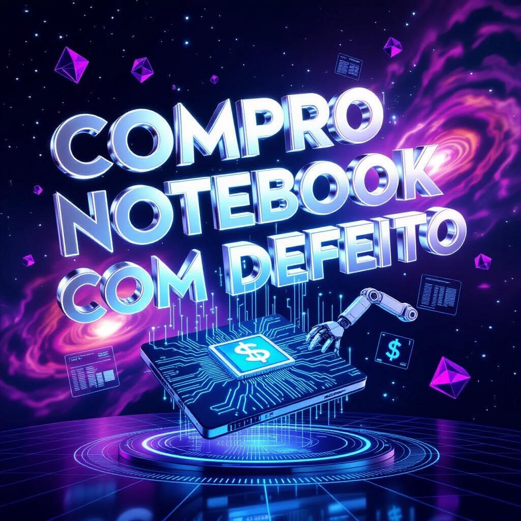 Futuristic 3D design with text 'COMPRO NOTEBOOK COM DEFEITO'. Silver blue text with holographic effects. Floating elements like a high-tech notebook and robotic hands. Deep space purple-blue background with geometric shapes.