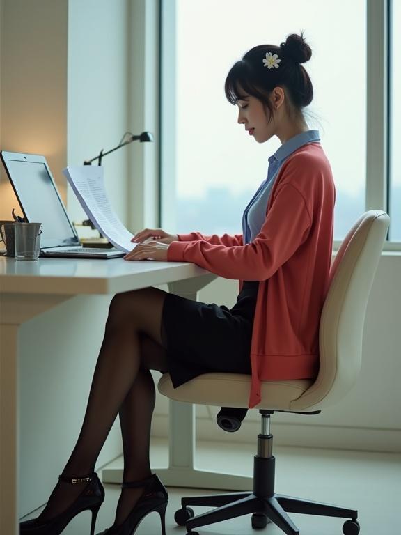Full-body side-view of an East Asian female agent sitting at a desk. Agent reads intel files at her agency office. She wears black pantyhose and black heels. Outfits include light-blue blouse and black knee-length skirt with cherry-red cardigan. Black hair in a bun with a white flower hair clip. Modern building ambiance in the background.