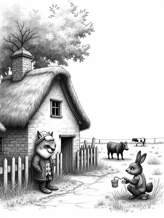 Monochromatic drawing features a detailed pastoral scene. Left side has a thatched-roof cottage partly hidden by trees. Cottage shows textured walls and a chimney with smoke. A wooden fence encircles the front. A fox in a coat with a vest leans against the fence. A rabbit in an apron sits on a stool, milking a cow. The ground includes dirt and grass. Two cows graze in a field behind them. Use of fine lines enhances details against a white background.