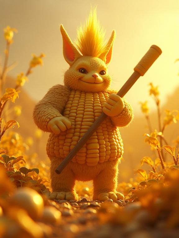 Render a cute anthropomorphic corn character in a golden field. Character has spiky hair and holds a stick. The setting is bathed in warm golden light. The style is painterly and inspired by anime.