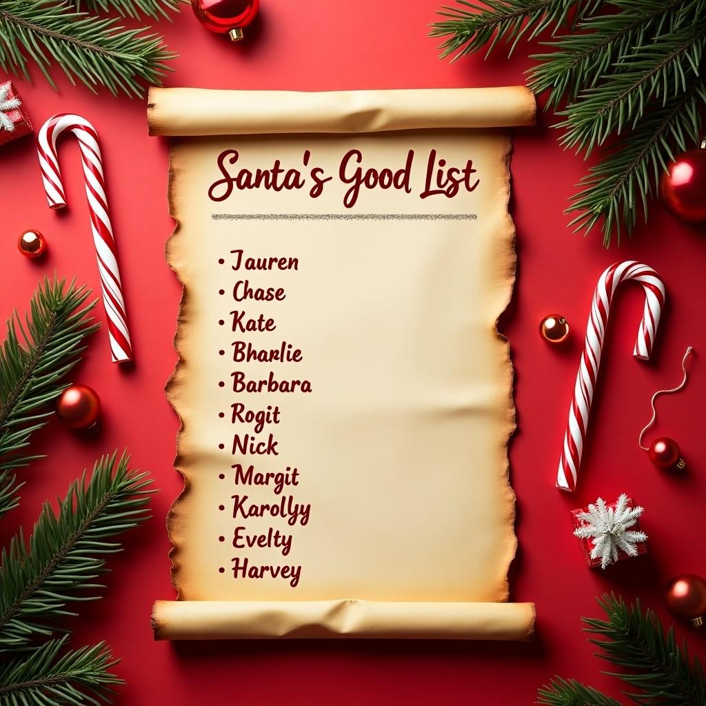 The image showcases a parchment scroll displaying Santa's good list, set against a vibrant red background. Surrounding the scroll are decorative elements like candy canes, pine branches, and shiny Christmas ornaments. The scroll has an aged appearance with slightly burned edges, enhancing its vintage feel. The names on the list are written in a charming font, symbolizing holiday traditions. Additional touches include shiny baubles and a small gift box for a complete festive atmosphere.