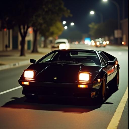 Aesthetic high-resolution image of a black Lamborghini Jalpa 3.5l V8 on a Los Angeles street at night. Vintage 1985 style, features street lamps and dramatic night lighting. Captured like a Polaroid.