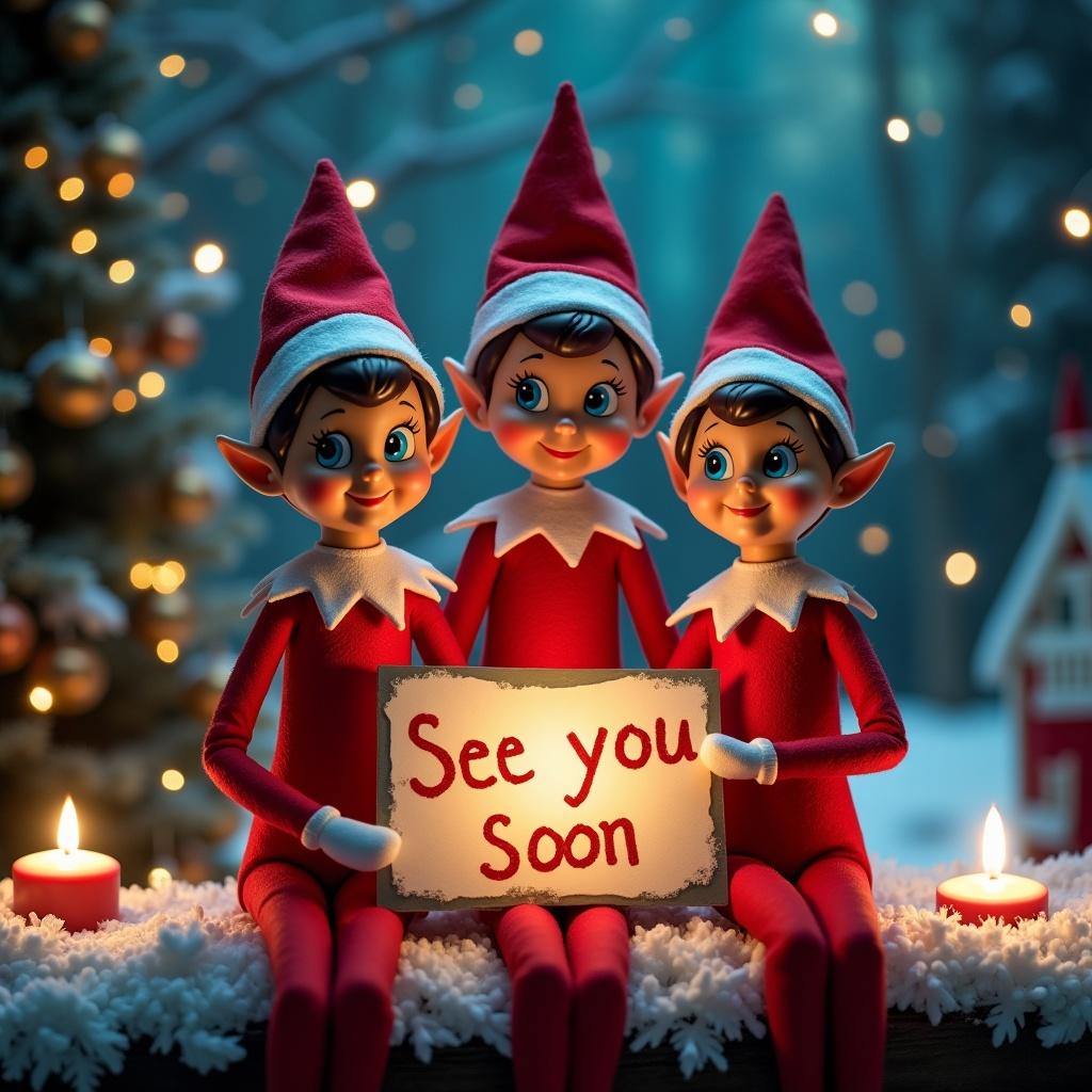 Three cheerful elves are sitting together, each wearing red outfits and pointy hats. They hold a sign that says 'See you Soon' in bright letters. In the background, a magical Christmas scene is created with twinkling lights and a large, warm glow from nearby candles. The setting includes a beautifully decorated Christmas tree and a backdrop of northern lights illuminating the night sky. This enchanting scene captures the essence of the holiday spirit, perfect for festive greetings.