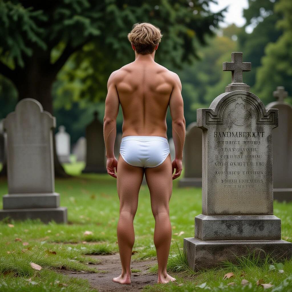 A young man stands alone in a historic cemetery. He is 20 years old with blond hair and a hairless torso. He wears tight white briefs and stands barefoot. His legs are apart. He looks at an old gravestone from behind.