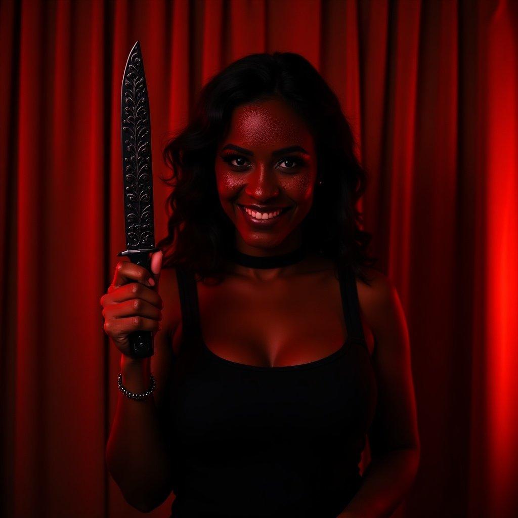 A woman holds a dark ornate knife amidst dramatic red lighting. Curtains frame the scene. Her expression is mysterious. The atmosphere is intense and suspenseful.