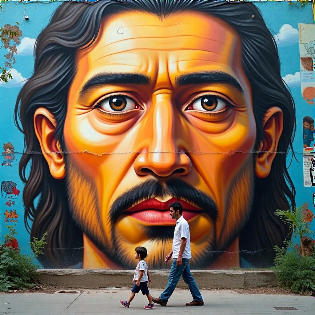A man and child walking in front of a vibrant mural depicting a large human face.