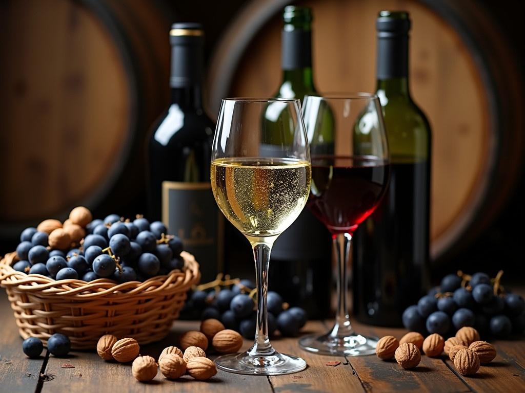 The image showcases a rustic setting with wooden wine barrels and various types of wine. Two elegant glasses are placed on a wooden table, one containing sparkling white wine and the other filled with deep red wine. Behind these glasses, three wine bottles are prominently displayed: one is green, another is dark, and the last is black. Surrounding the glasses are an assortment of nuts and a woven basket filled with dark grapes. There are also some grapes scattered on the table, adding to the rich texture of the scene. The dim lighting creates a warm and inviting atmosphere, perfect for a wine tasting experience.