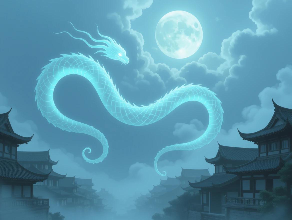 A ghostly pale serpent with translucent skin glides silently above a misty village at night. Ribcage exposed, it chimes like bells to calm storms. Spectral light ripples across its body as it weaves through moonlit clouds. The atmosphere is hauntingly beautiful, with children peacefully sleeping below its protective gaze.