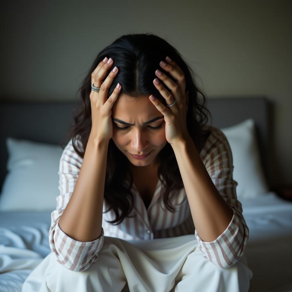 The image features an Indian woman sitting on her bed, visibly distressed. She has both hands on her head, indicating feelings of intense stress and tension. The room is softly lit, creating a calm yet somber atmosphere. Her expression conveys deep emotional struggle, which resonates with those facing similar challenges. The setting includes a neatly made bed, emphasizing her state of mind amidst her surroundings.