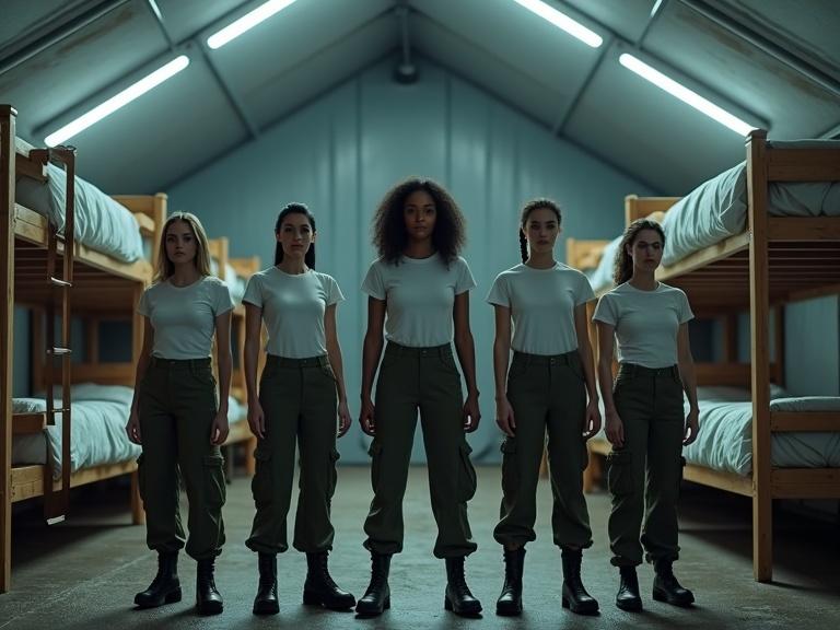 Photo features five female sci-fi soldiers. They wear short white t-shirts and green army fatigue pants with black army boots. They stand in front of wide dorm bunk beds. Scene set in light grey tent at night. Shadows enhance details and textures.