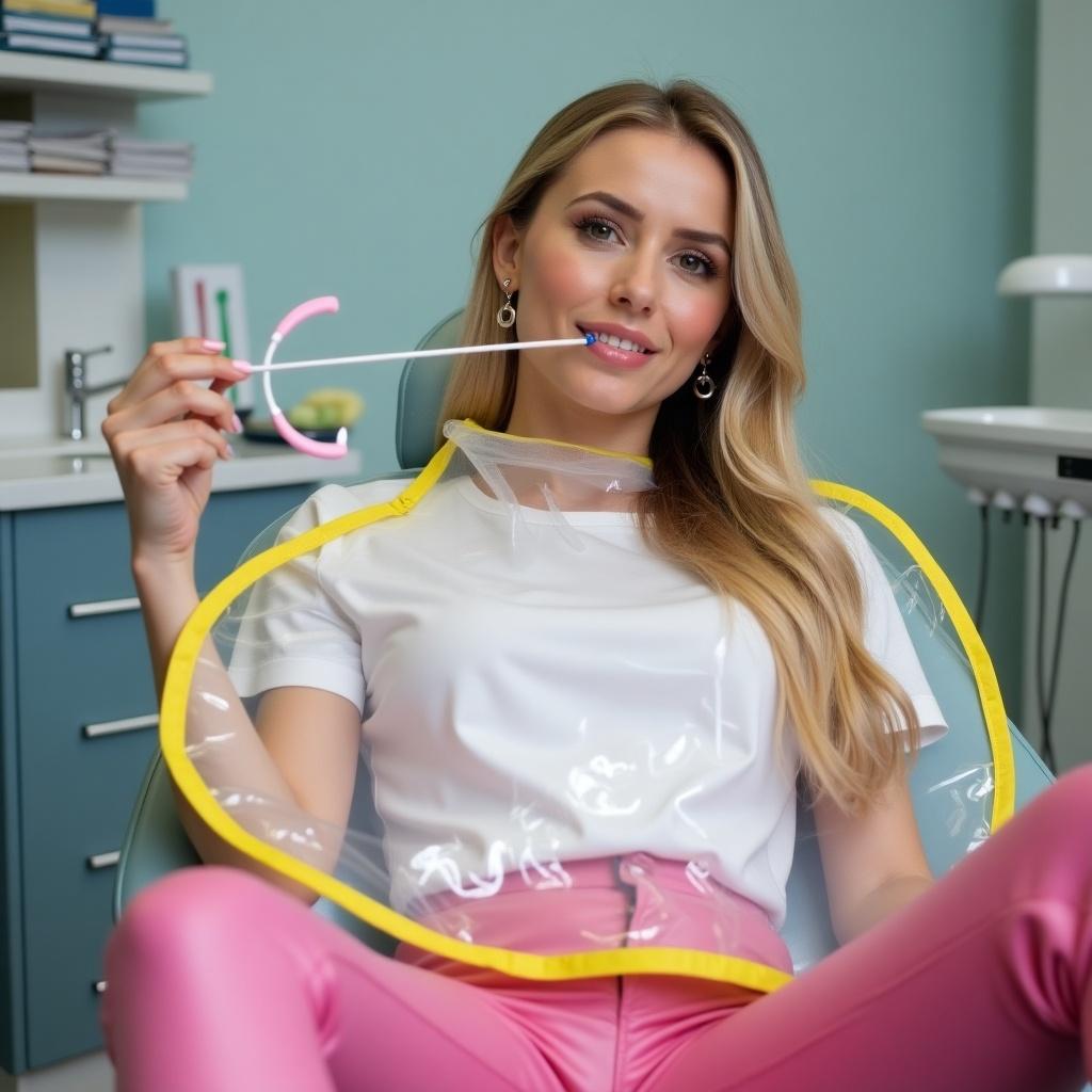 In a modern dental clinic, a stylish woman with long blond hair relaxes in a dentist chair. She wears a white top and tight shiny pink pants that add a vibrant touch. A large clear PVC mealtime bib with yellow edges drapes over her, protecting her knees. With a cheeky smile, she holds a check retractor in her mouth, showcasing dental tools. The background features serene blue tones, enhancing the clinical yet fashionable vibe. Her earrings add a dash of elegance to the scene. This image combines beauty with dental care in a contemporary setting.