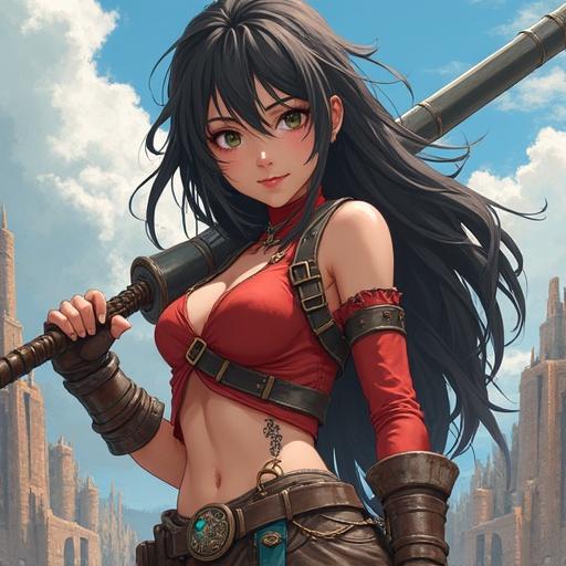A strong female character from a fantasy setting with a weapon, dressed in adventure attire, set against a blue sky and mountains. Dynamic pose conveys action and determination.